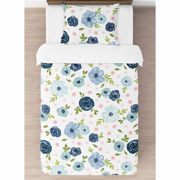 Navy Blue And Pink Watercolor Floral Girl 4pc Twin Comforter Set Blush Green White Shabby Chic Rose Flower Overstock 30757358