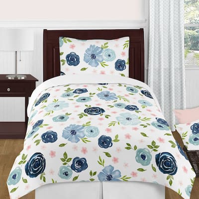Navy Blue and Pink Watercolor Floral Girl 4pc Twin Comforter Set - Blush Green White Shabby Chic Rose Flower