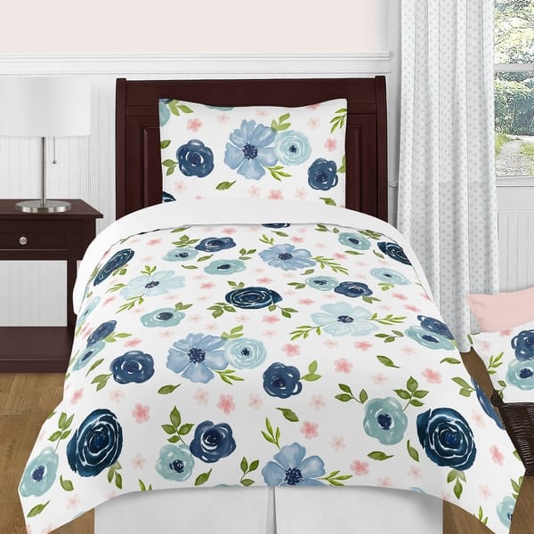 Navy Blue and Pink Watercolor Floral Girl 4pc Twin Comforter Set ...