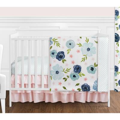 Sweet Jojo Designs Navy Blue and Pink Watercolor Floral Girl 4pc Nursery Crib Bedding Set - Blush Green White Shabby Chic Flower