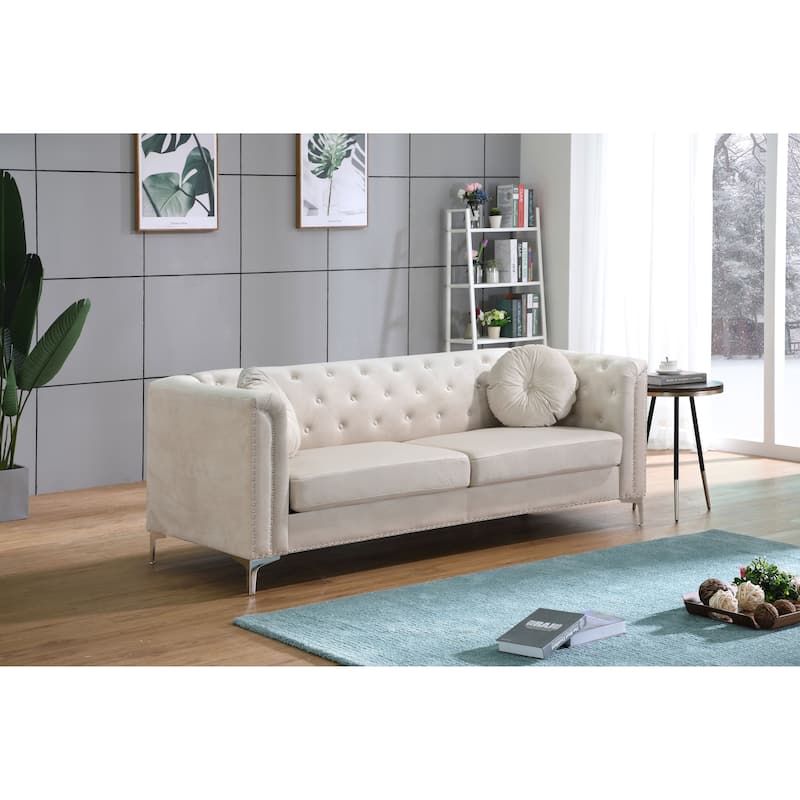Pompano Velvet Button Tufted Sofa - Ivory