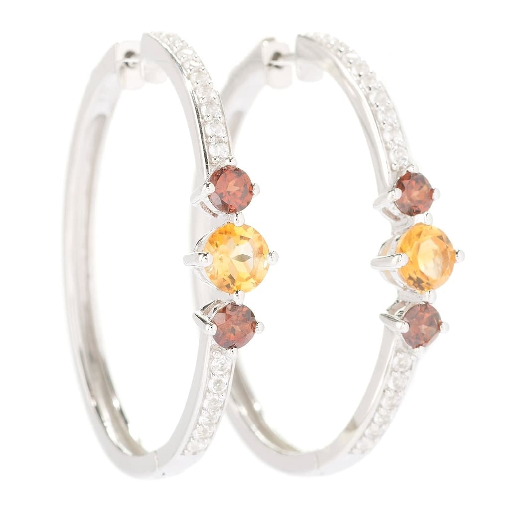 Sterling Silver 1.5' Round White Topaz & Black Spinel Hoop Earrings