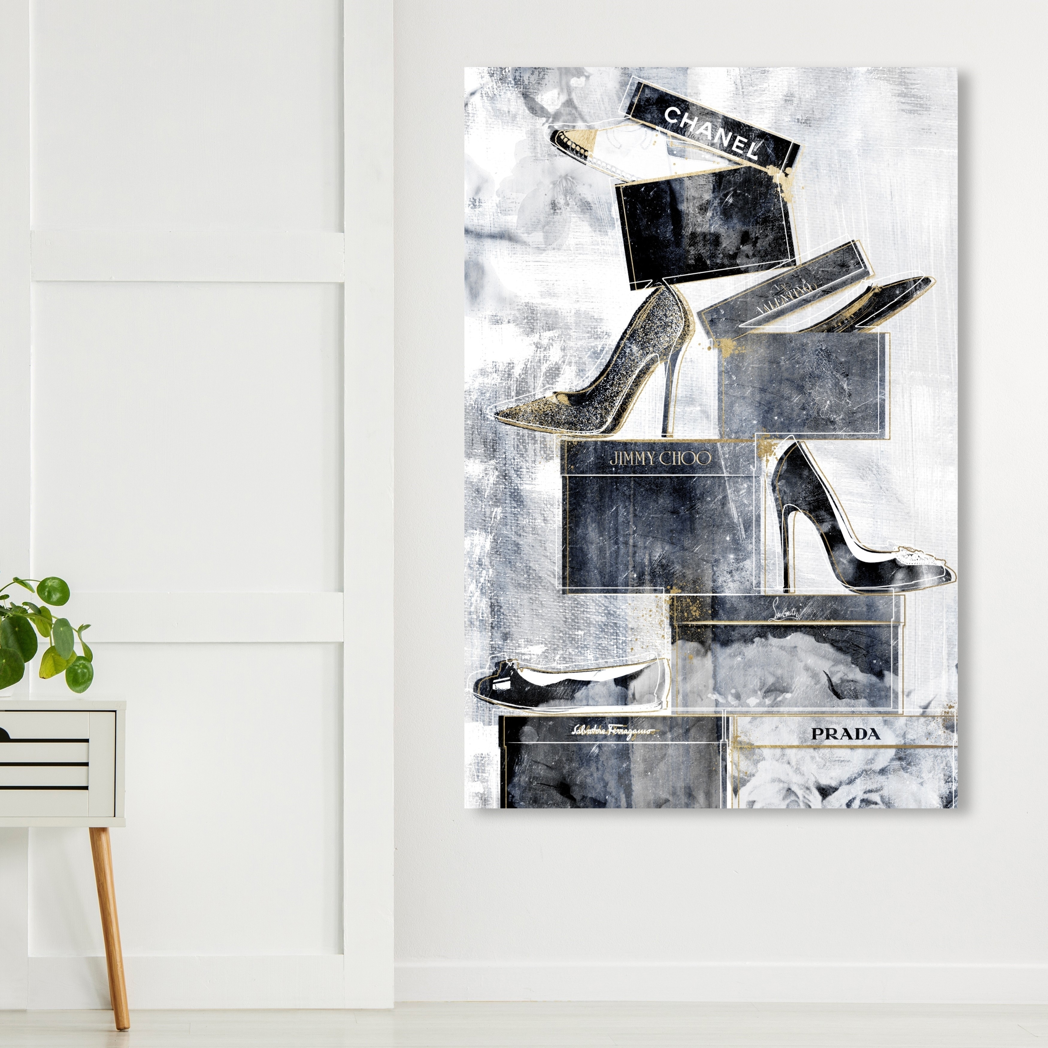 The Oliver Gal Artist Co Fashion and Glam Wall Art Canvas Mind' Shoes  Framed-Prints, 20 in x 24 in, Gray, Gold