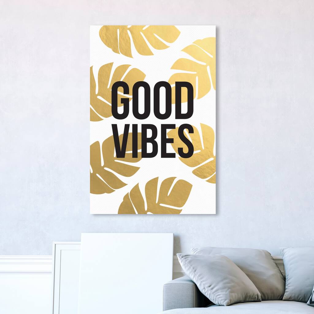 Oliver Gal Typography and Quotes Wall Art Canvas Prints 'Good Vibes' Motivational Quotes and Sayings - Gold, White
