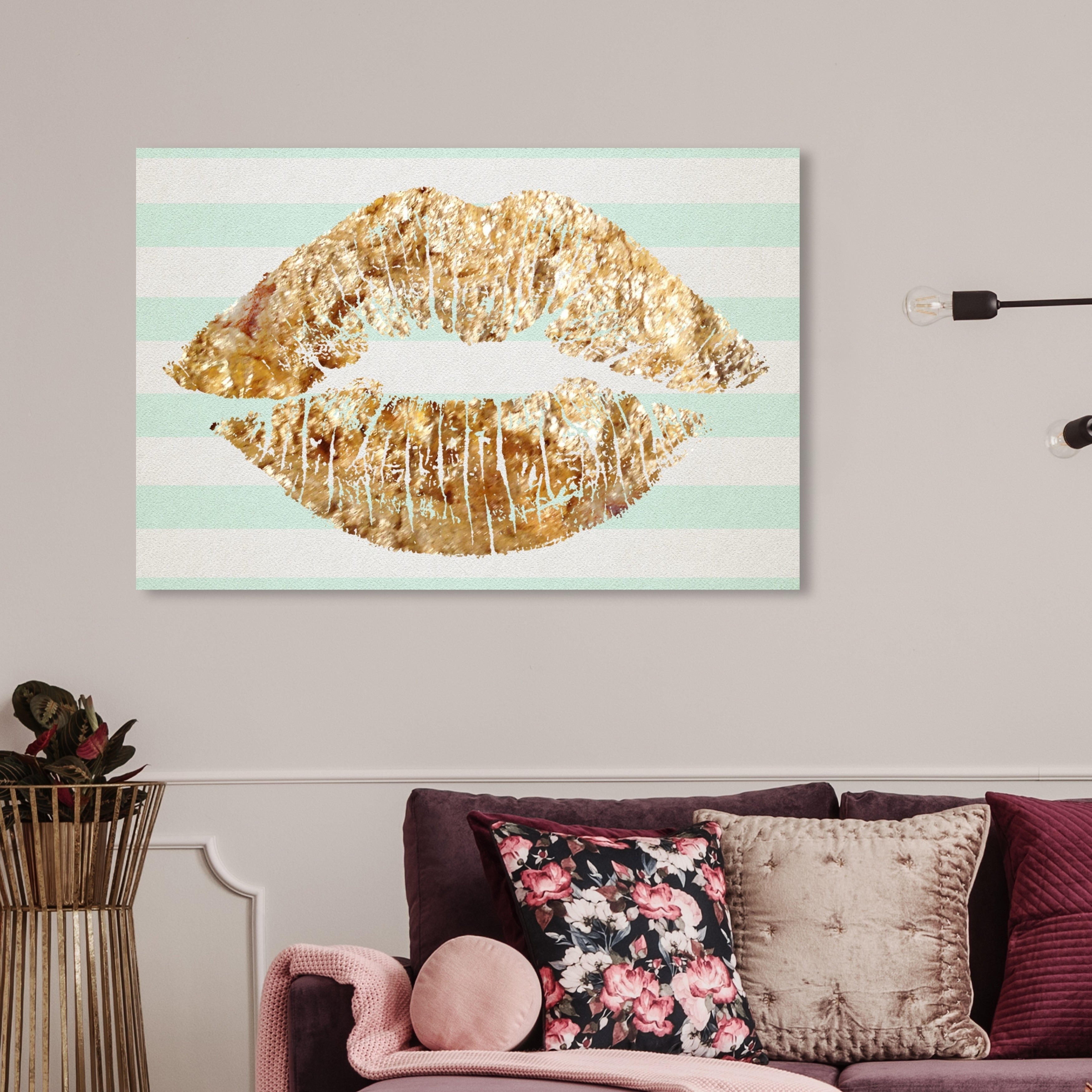 Oliver Gal Fashion and Glam Wall Art Canvas Prints 'Solid Kiss Mint  Stripes' Lips - Gold, Green