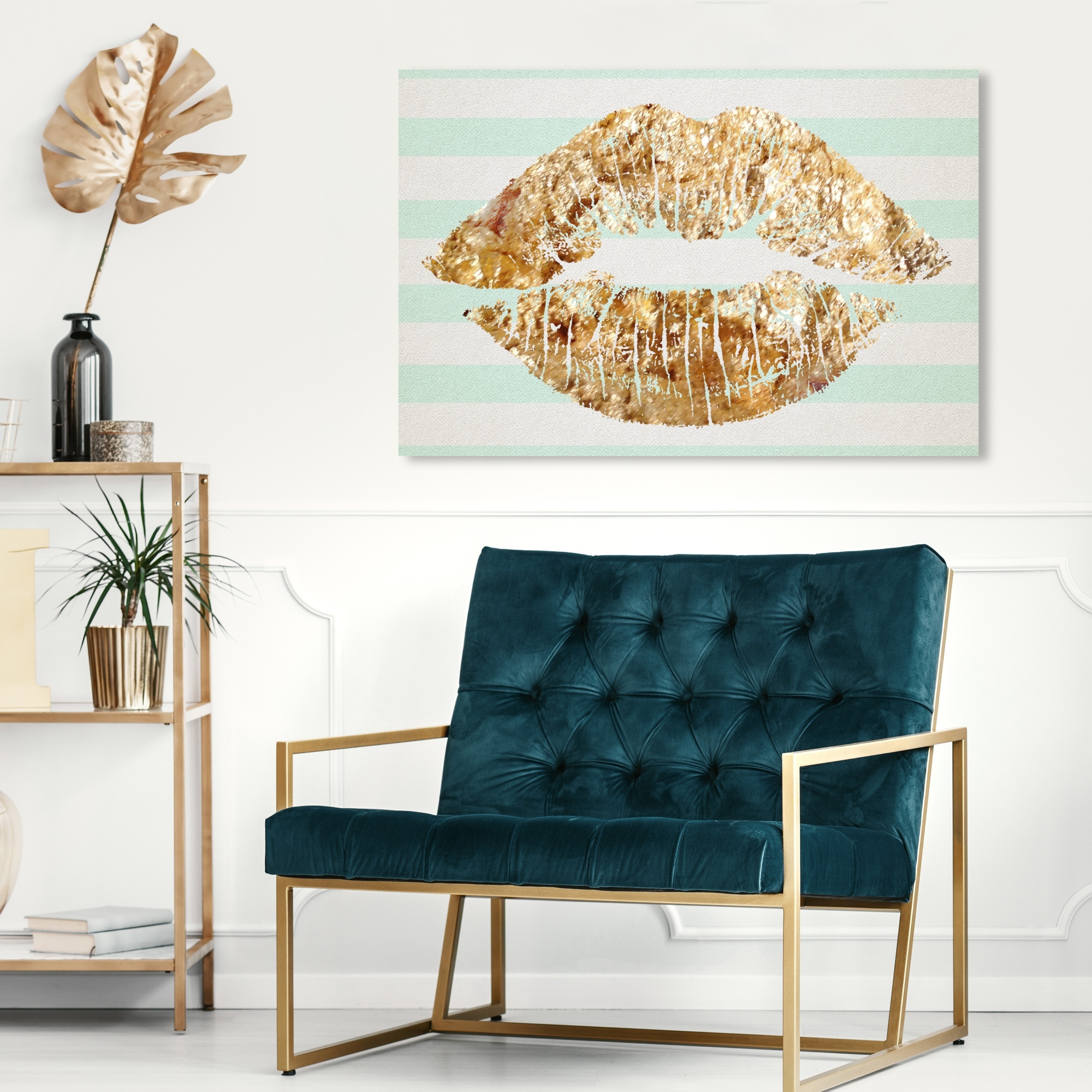 Oliver Gal Fashion and Glam Wall Art Canvas Prints 'Solid Kiss Mint  Stripes' Lips - Gold, Green