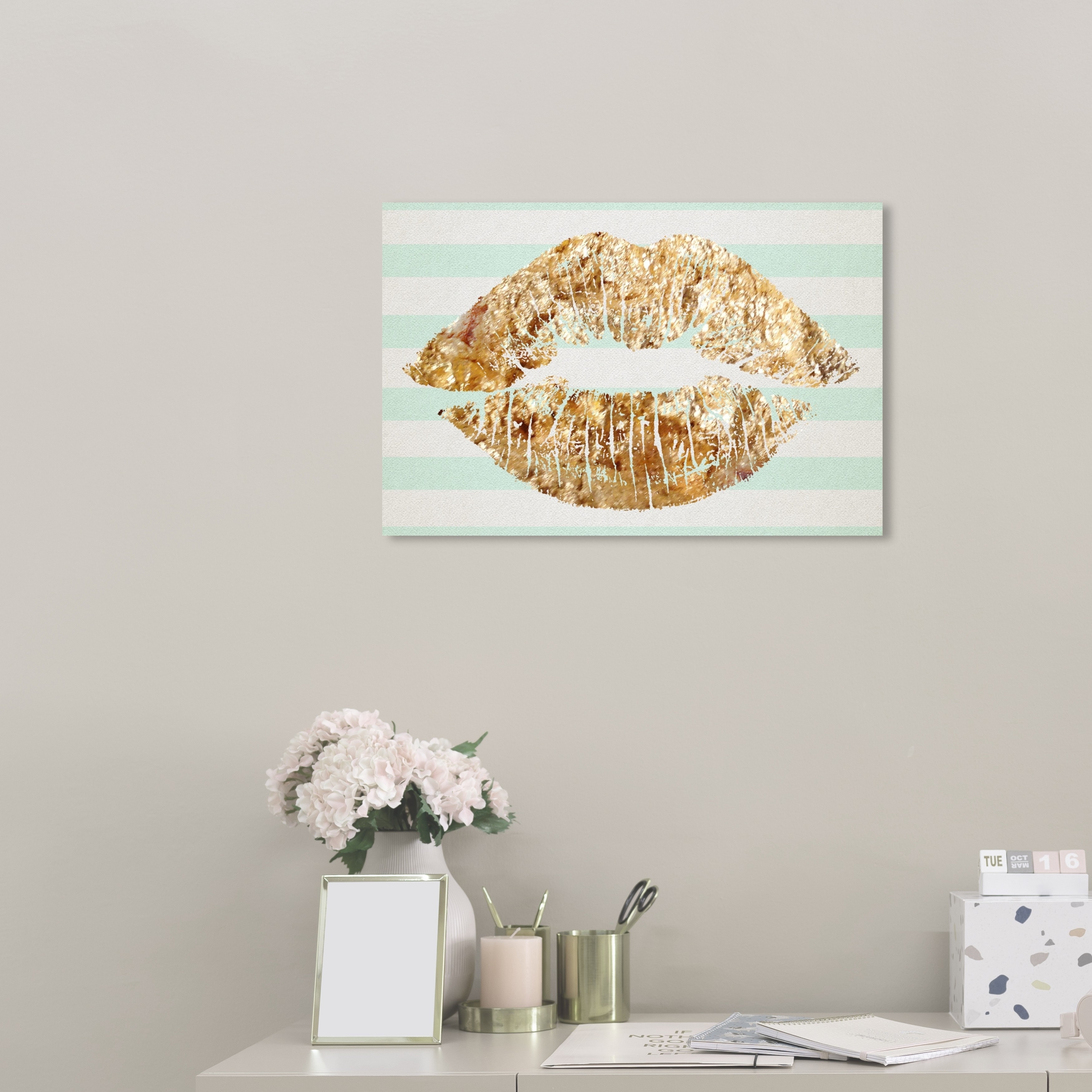 Oliver Gal Fashion and Glam Wall Art Canvas Prints 'Solid Kiss Mint  Stripes' Lips - Gold, Green