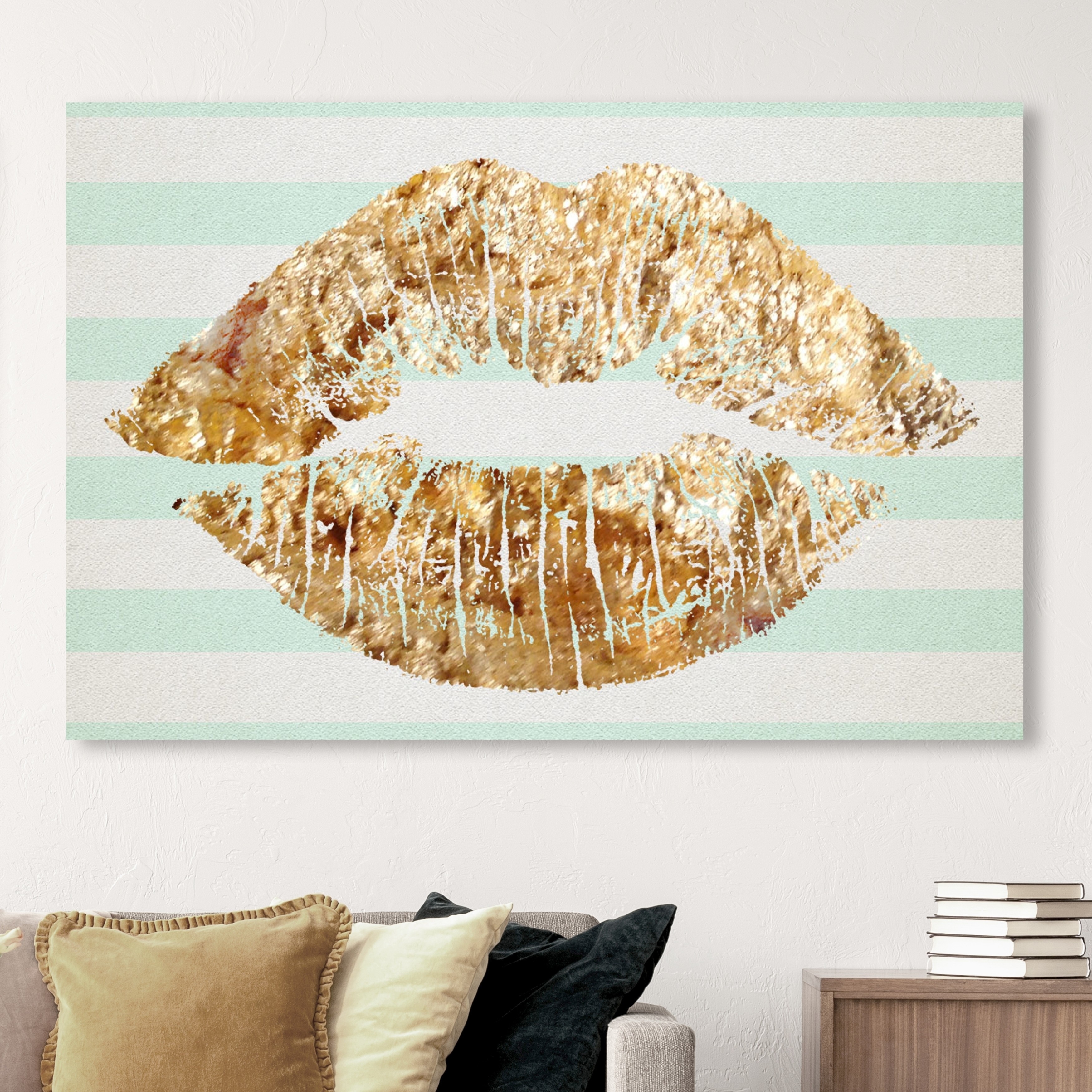 Oliver Gal Fashion and Glam Wall Art Canvas Prints 'Solid Kiss Mint  Stripes' Lips - Gold, Green