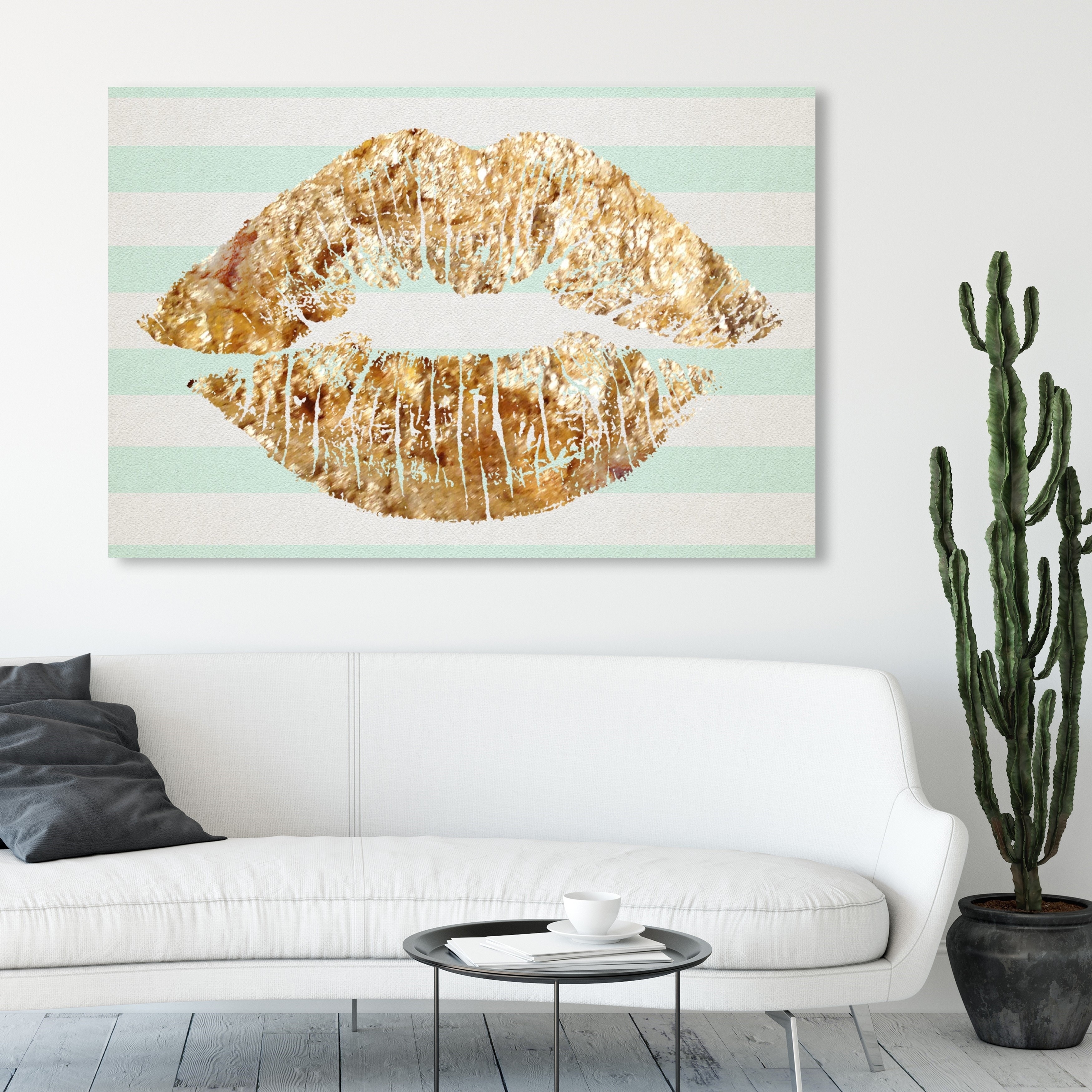 Oliver Gal Fashion and Glam Wall Art Canvas Prints 'Solid Kiss Mint  Stripes' Lips - Gold, Green