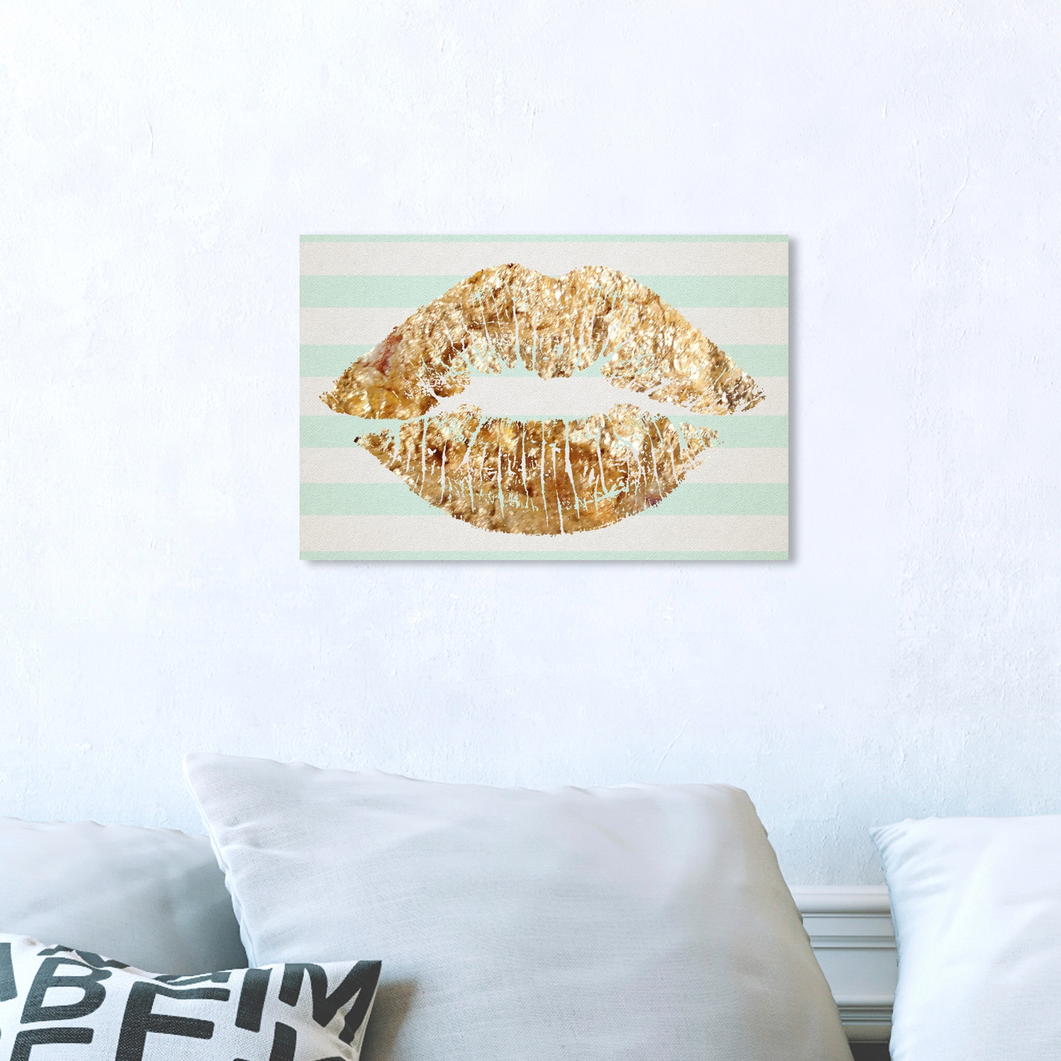 Oliver Gal Fashion and Glam Wall Art Canvas Prints 'Solid Kiss Mint  Stripes' Lips - Gold, Green