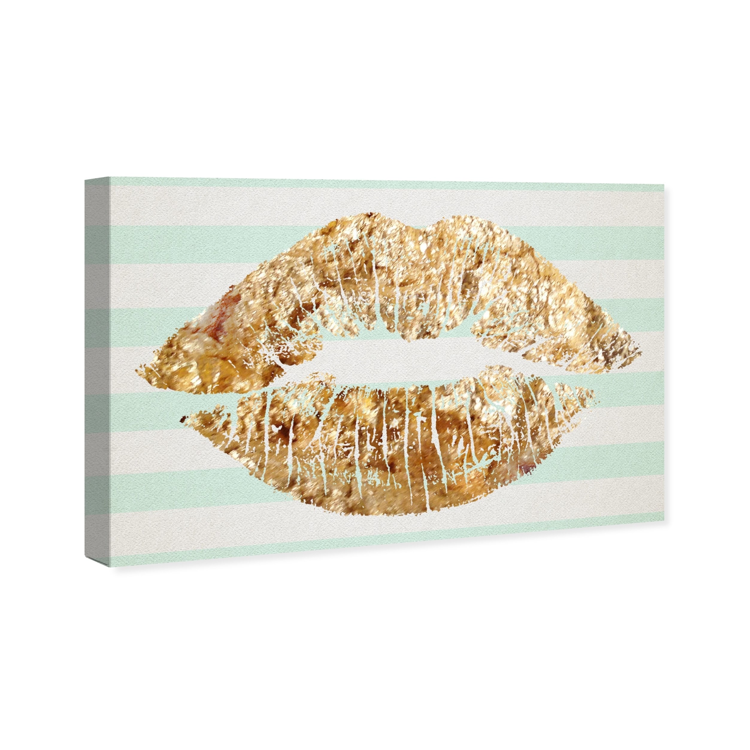 Oliver Gal Fashion and Glam Wall Art Canvas Prints 'Solid Kiss Mint  Stripes' Lips - Gold, Green