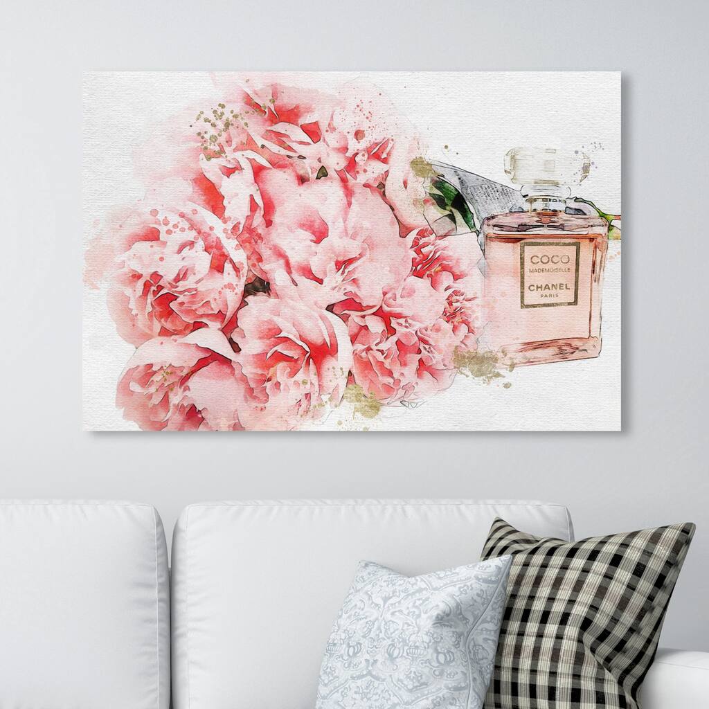 Oliver Gal Fashion and Glam Wall Art Canvas Prints 'Flowers and Perfume Light' Perfumes - Pink, White