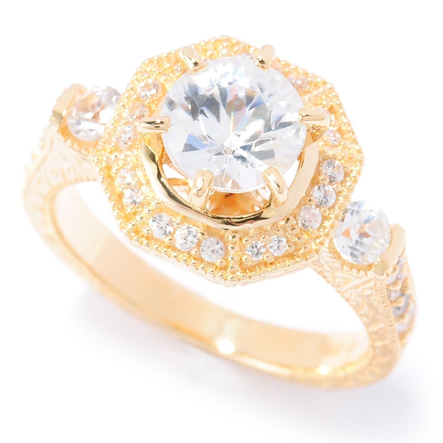 Pinctore 18k Yellow Gold Silver 2.77ctw White Natural Zircon Cocktail Ring