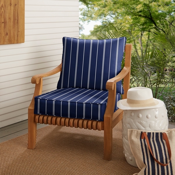 Striped Navy Deep Seating Corded Chair Pillow and Cushion Set by