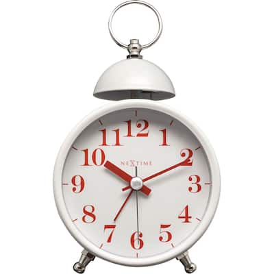 Unek Goods NeXtime Single Bell Table Top Alarm Clock, Metal, White Face, Red Numbers, Battery Operated