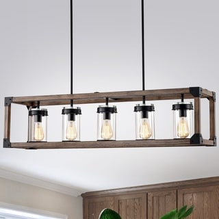 Warehouse of Tiffany Greta Grange 44-inch Forged Black and Wood Grain Pendant Lamp