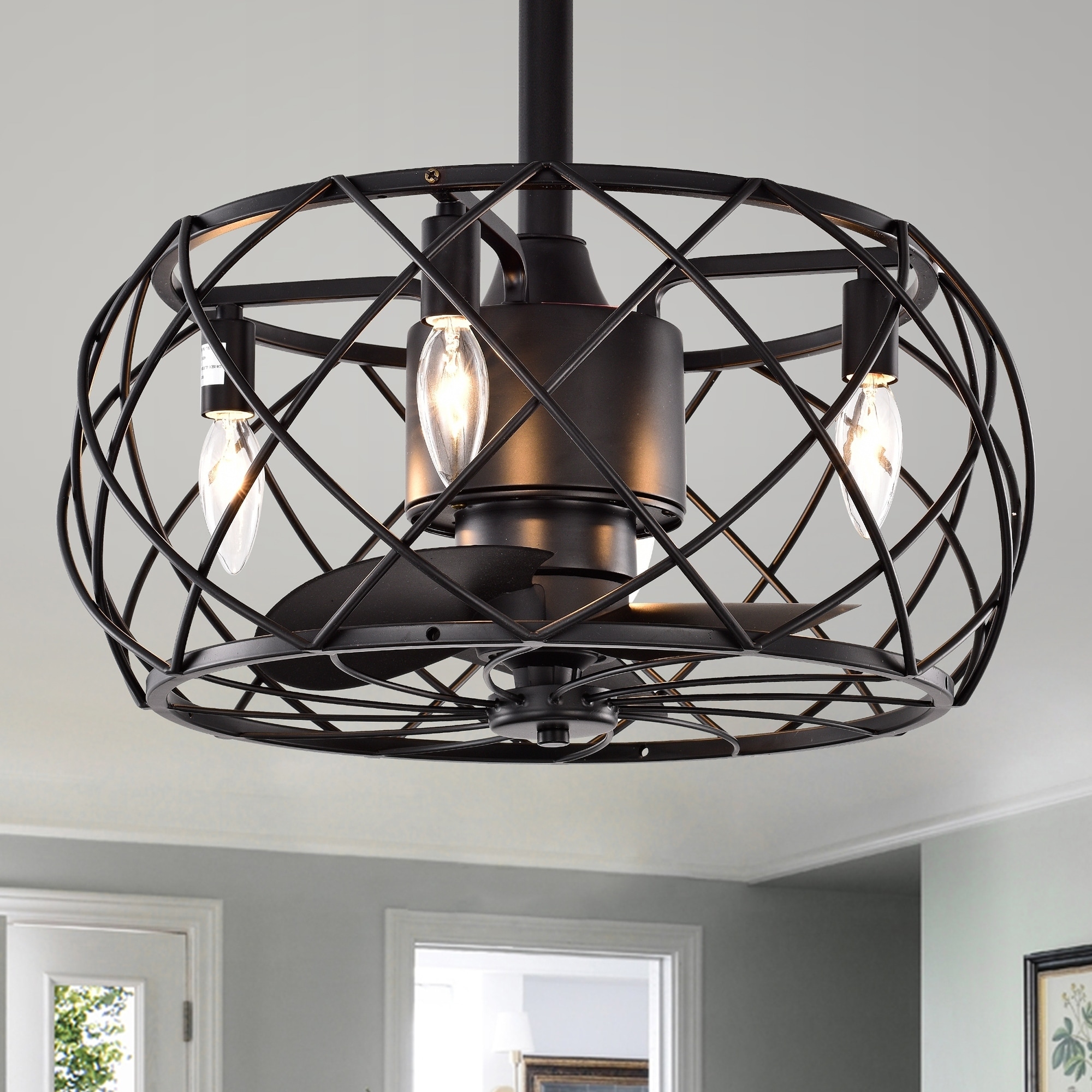 Warehouse of Tiffany Abrar Matte Black 3-blade Ceiling Fan with Open Metal Frame (Includes Remote)