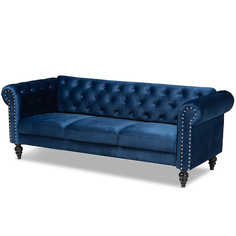 Emma Traditional and Transitional Upholstered Chesterfield Sofa - Navy Blue