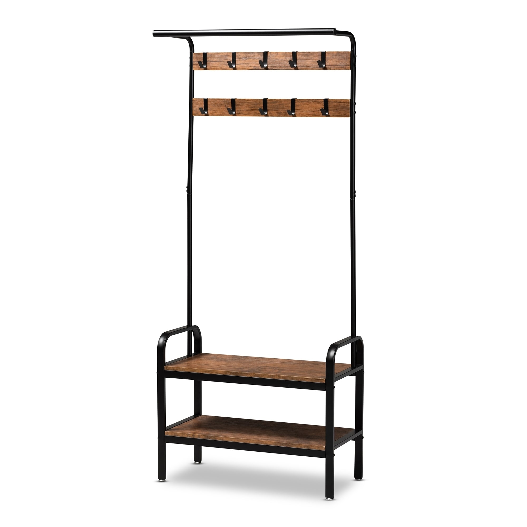 A freestanding two-tier wooden shelf and rack with hooks on the top bar, designed for hanging and storage.