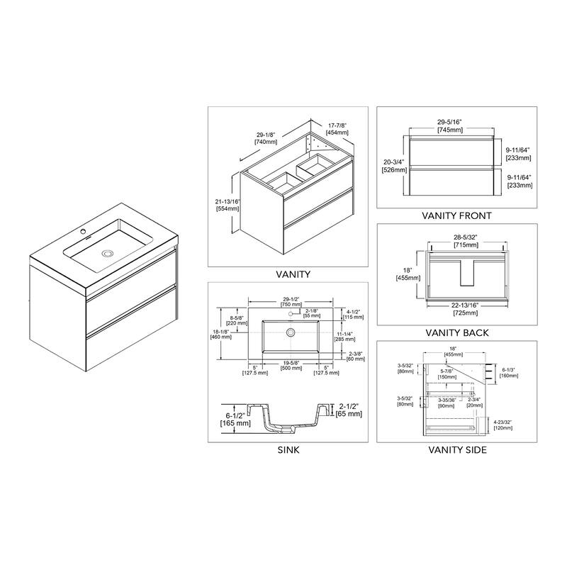 24" / 30" / 36" Floating / Wall Hung Vanity Set With LED Mirror