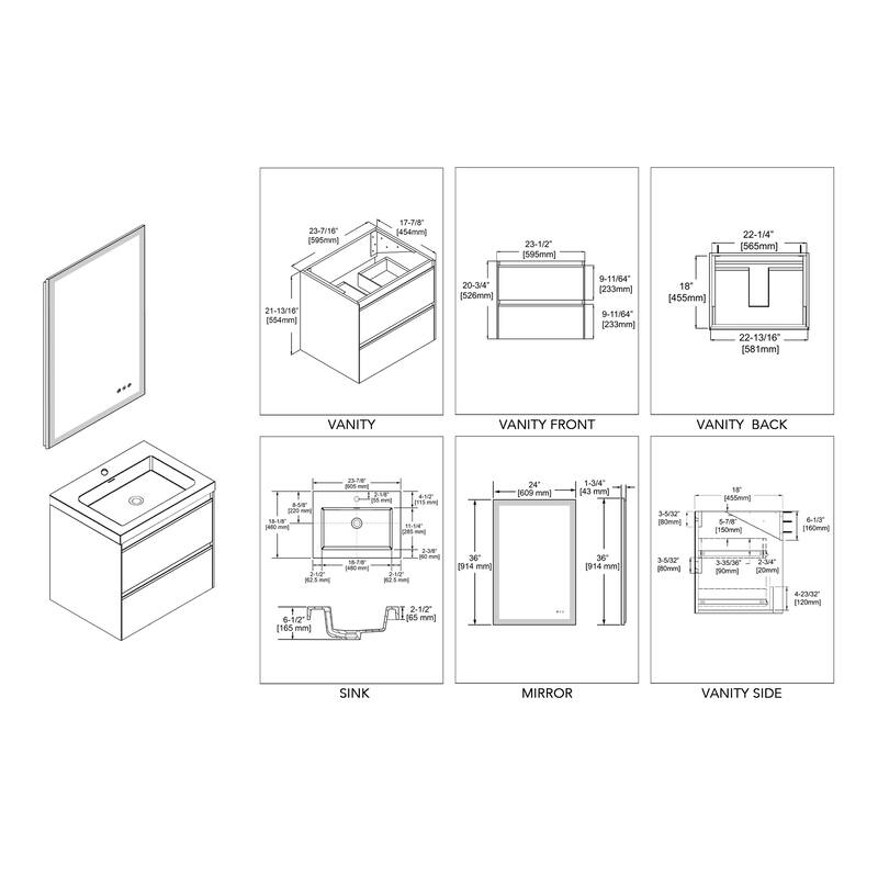 24" / 30" / 36" Floating / Wall Hung Vanity Set With LED Mirror