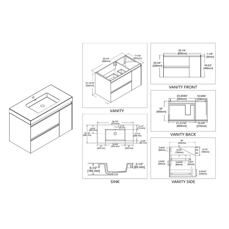 24" / 30" / 36" Floating / Wall Hung Vanity Set With LED Mirror