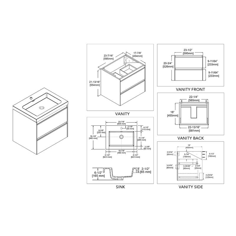 24" / 30" / 36" Floating / Wall Hung Vanity Set With LED Mirror