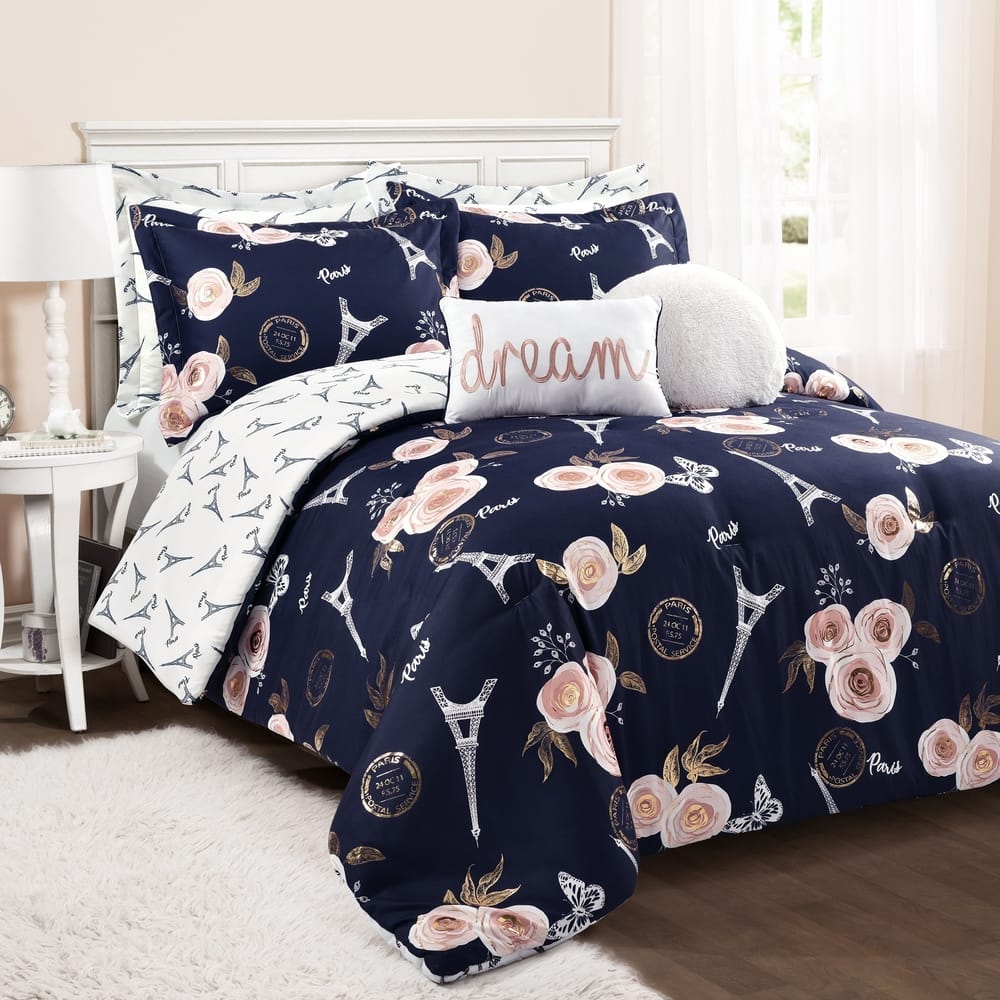 Lush Decor Vintage Paris Rose Butterfly Script Comforter Set