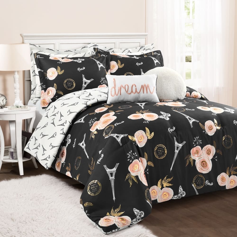 Lush Decor Vintage Paris Rose Butterfly Script Comforter Set