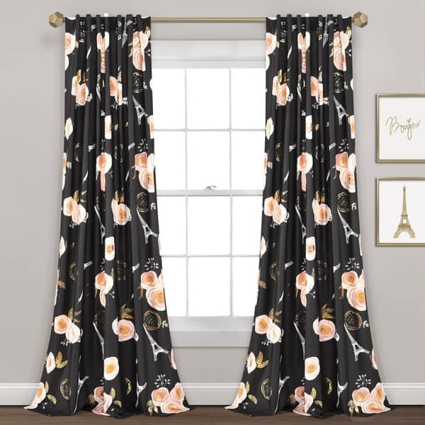 slide 2 of 11, Lush Decor Vintage Paris Rose Butterfly Script Window Curtain Panel Pair - 84"L x 52"W - 84"L x 52"W 84 Inches - Black