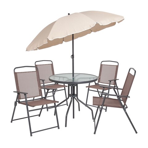 Offex Nantucket 6 Piece Patio Garden Set with Table, Umbrella and 4 Folding Chairs - Brown/Tan