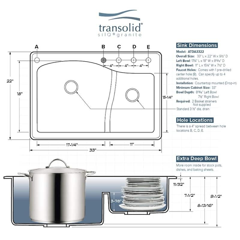 Transolid Aversa SilQ Granite 33-in. Drop-in Kitchen Sink with 2 BE Faucet Holes