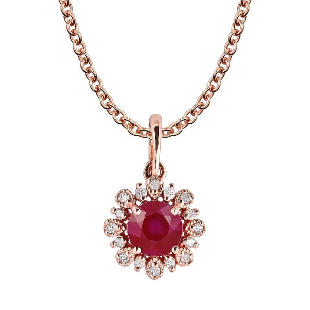 Viducci 10k Rose Gold Genuine Round Ruby and Diamond Vintage Style Halo Pendant Necklace