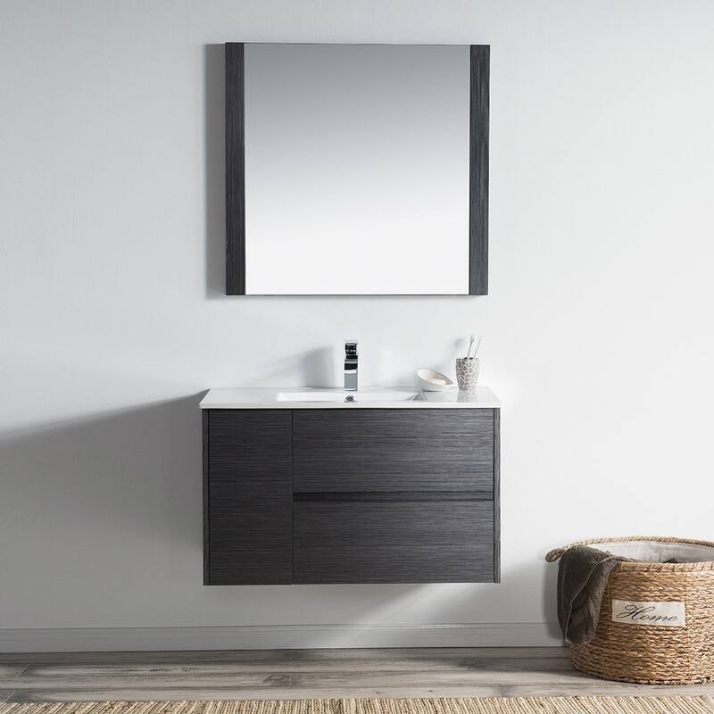 Solid Wood Luxury Wall-Mounted Vanity Set - Mirror - Silver Gray - 36 in