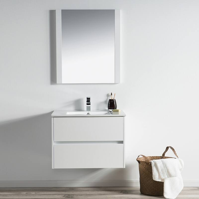 Solid Wood Luxury Wall-Mounted Vanity Set - Mirror - Glossy White - 30 in