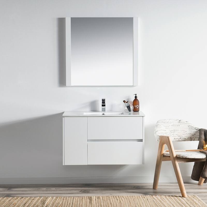 Solid Wood Luxury Wall-Mounted Vanity Set - Mirror - Glossy White - 36 in