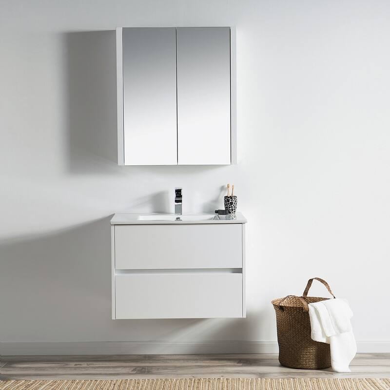 Solid Wood Luxury Wall-Mounted Vanity Set - Medicine Cabinet - Glossy White - 30 in