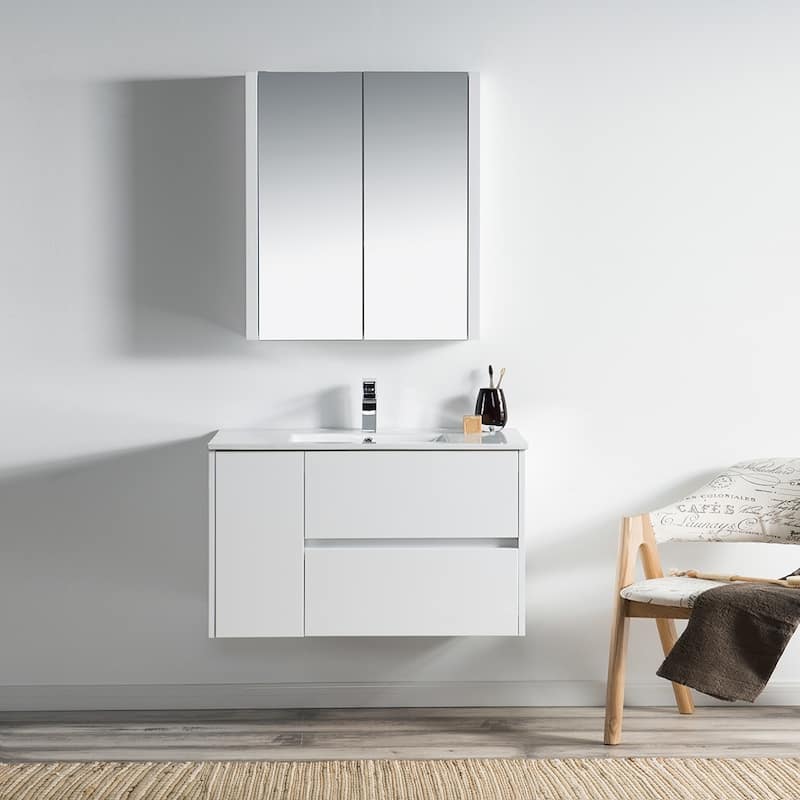 Solid Wood Luxury Wall-Mounted Vanity Set - Medicine Cabinet - Glossy White - 36 in