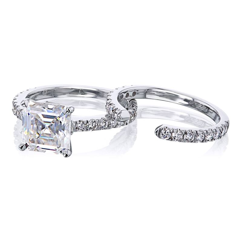 Kobelli 3 Carats Moissanite & Natural Diamond 14k Solid Gold Asscher Tulip Prongs Open Wedding Band Madison 2pc Bridal Set