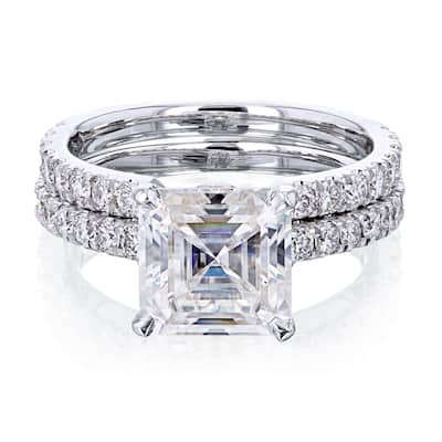 Kobelli 3 Carats Moissanite & Natural Diamond 14k Solid Gold Asscher Tulip Prongs Open Wedding Band Madison 2pc Bridal Set