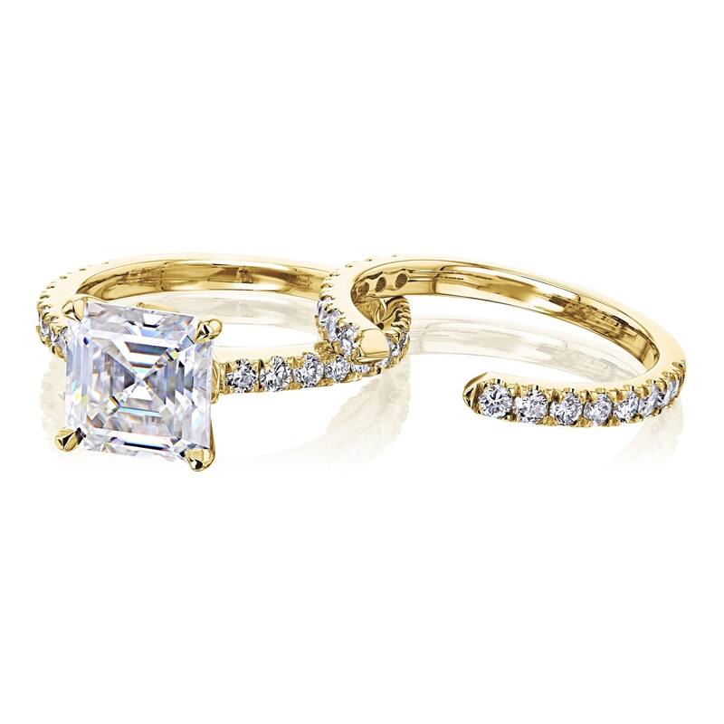 Kobelli 3 Carats Moissanite & Natural Diamond 14k Solid Gold Asscher Tulip Prongs Open Wedding Band Madison 2pc Bridal Set