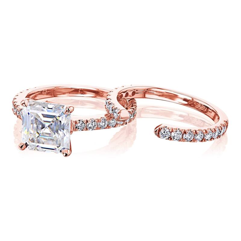 Kobelli 3 Carats Moissanite & Natural Diamond 14k Solid Gold Asscher Tulip Prongs Open Wedding Band Madison 2pc Bridal Set