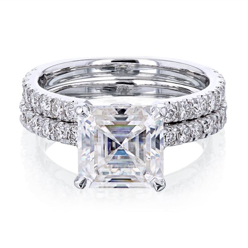 Kobelli 3 Carats Moissanite & Natural Diamond 14k Solid Gold Asscher Tulip Prongs Open Wedding Band Madison 2pc Bridal Set - 4.5 - White
