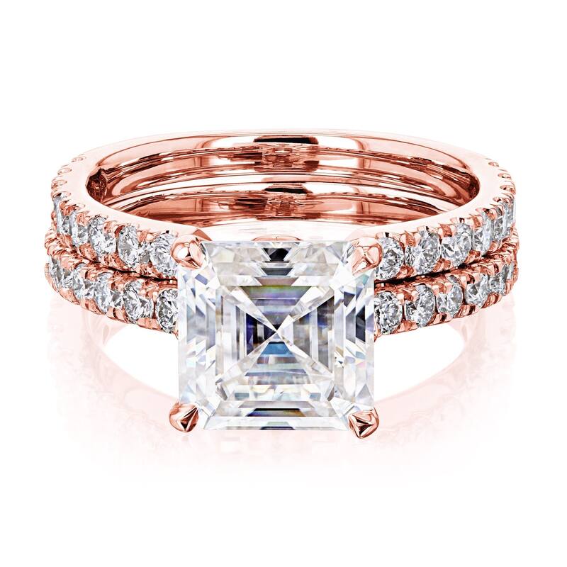 Kobelli 3 Carats Moissanite & Natural Diamond 14k Solid Gold Asscher Tulip Prongs Open Wedding Band Madison 2pc Bridal Set