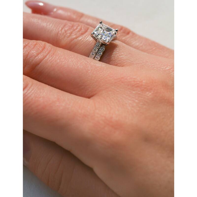 Kobelli 3 Carats Moissanite & Natural Diamond 14k Solid Gold Asscher Tulip Prongs Open Wedding Band Madison 2pc Bridal Set