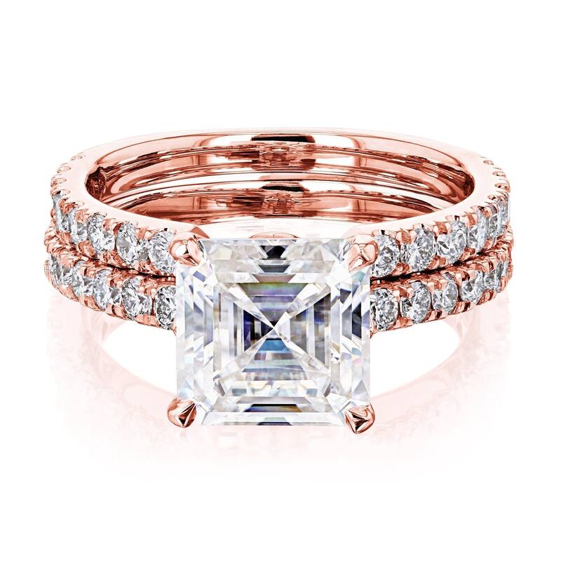 Kobelli 3 Carats Moissanite & Natural Diamond 14k Solid Gold Asscher Tulip Prongs Open Wedding Band Madison 2pc Bridal Set - 8.5 - Rose
