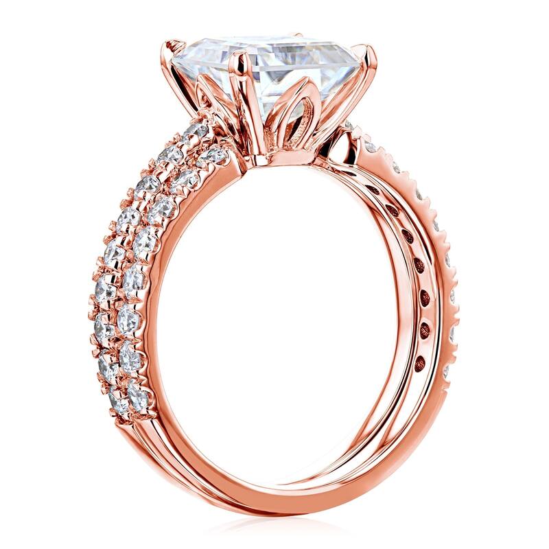 Kobelli 3 Carats Moissanite & Natural Diamond 14k Solid Gold Asscher Tulip Prongs Open Wedding Band Madison 2pc Bridal Set
