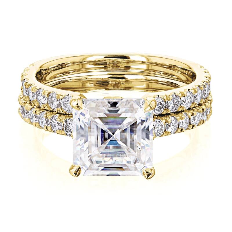 Kobelli 3 Carats Moissanite & Natural Diamond 14k Solid Gold Asscher Tulip Prongs Open Wedding Band Madison 2pc Bridal Set