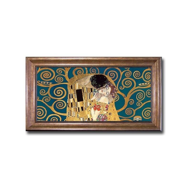 The Kiss (Detail-Blue) by Gustav Klimt Bronze-Gold Framed Canvas Art (22 in x 40 in Framed Size)