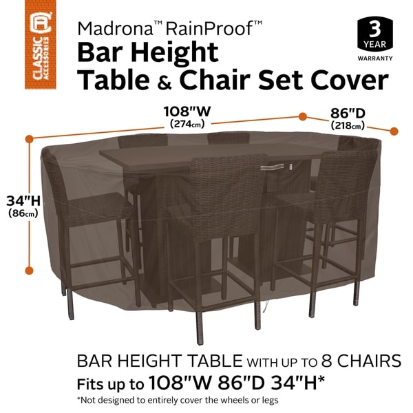Classic Accessories Madrona Waterproof 108 Inch Rectangular/Oval Patio Bar Table & Chair Cover